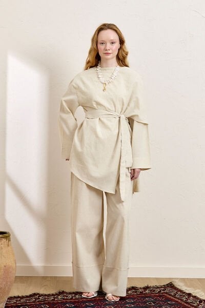 Krem Organik Keten Şal Detay Tunik & Double Paça Pantolon Takım