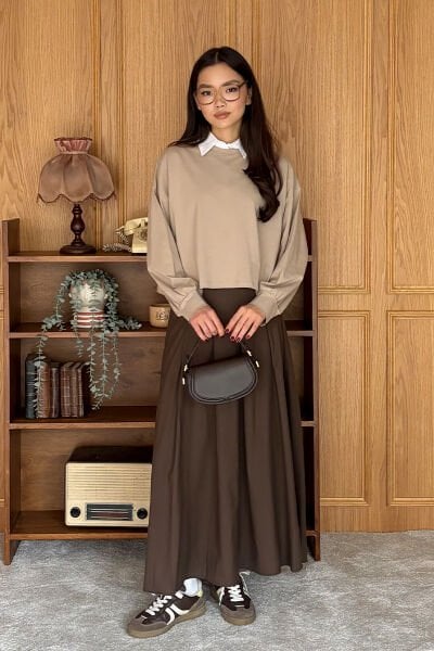 Taş Crop & Acı Kahve Poliviskon Kolej Etek Takım