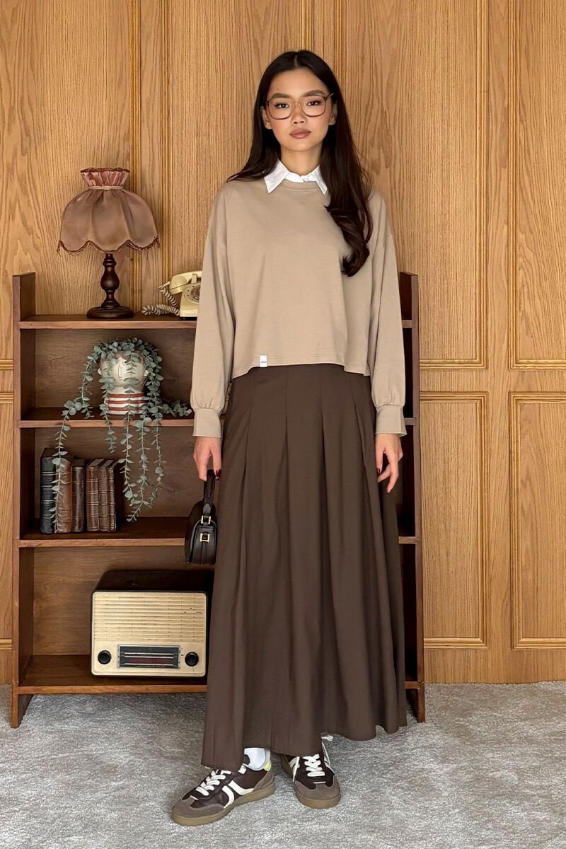 Taş Crop & Acı Kahve Poliviskon Kolej Etek Takım