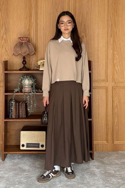 Taş Crop & Acı Kahve Poliviskon Kolej Etek Takım