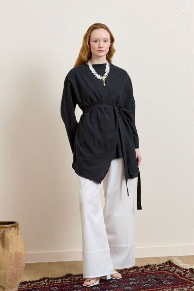 Siyah Organik Keten Şal Detay Tunik & Beyaz Double Paça Pantolon Takım