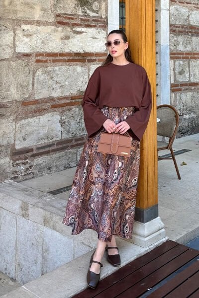 Camel Etnik Desen Pamuk Saten Kloş Etek & Acı Kahve Body Takım