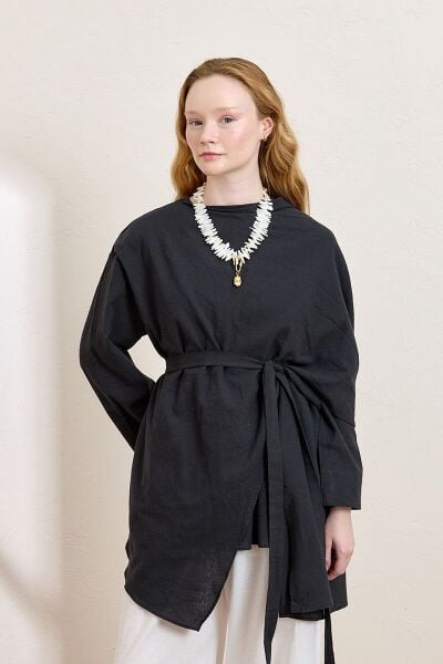 Siyah Organik Keten Şal Detay Tunik