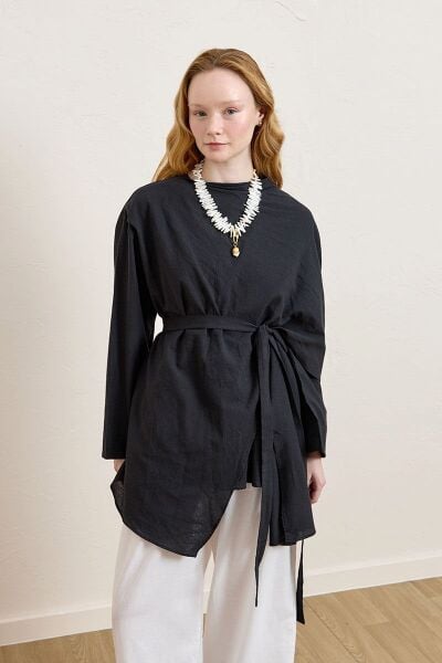 Siyah Organik Keten Şal Detay Tunik