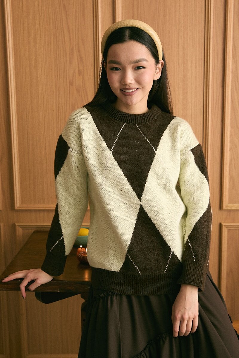 Tereyağ Sarısı Baklava Desen Triko Kazak