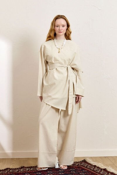 Krem Organik Keten Şal Detay Tunik