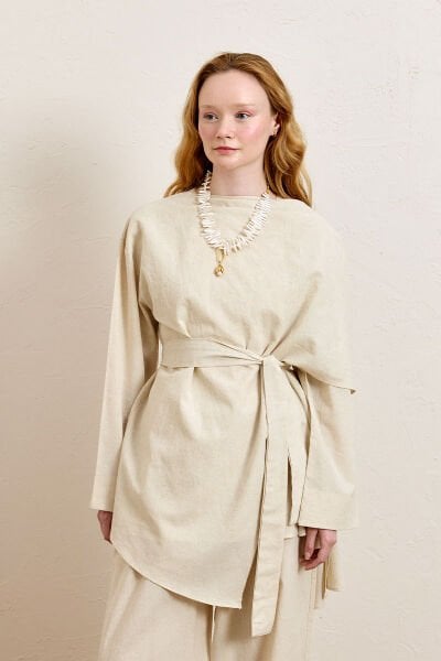 Krem Organik Keten Şal Detay Tunik