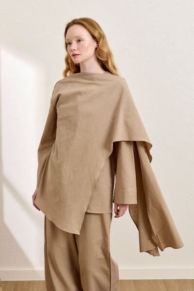 Karamel Organik Keten Şal Detay Tunik