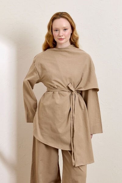 Karamel Organik Keten Şal Detay Tunik