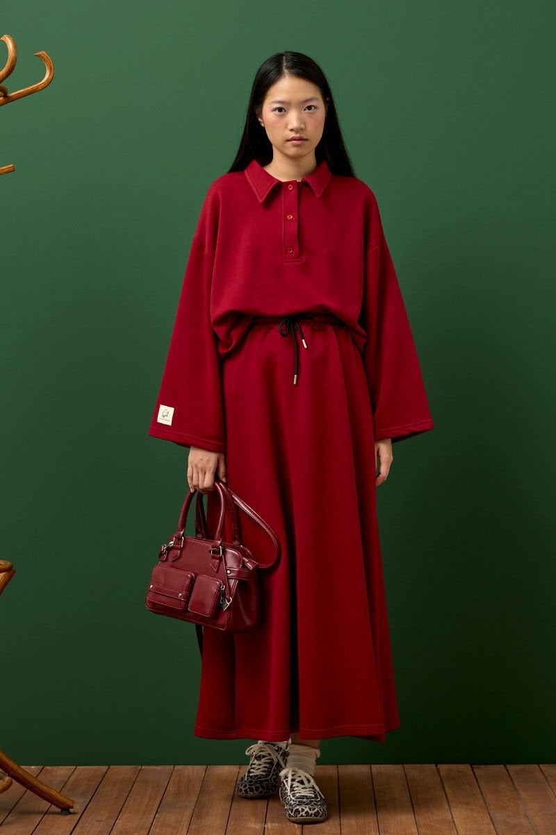 Bordo 3 İplik Polo Yaka Body & Etek Takım