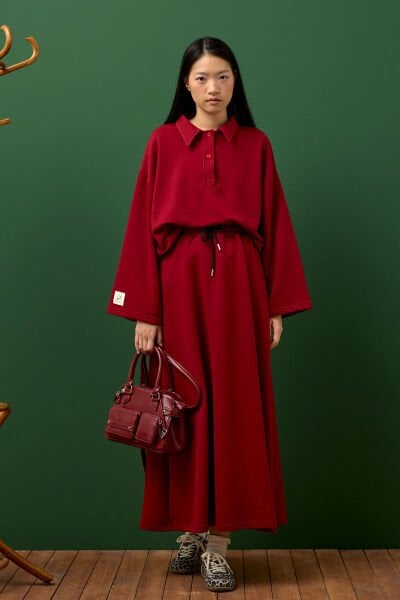 Bordo 3 İplik Polo Yaka Body & Etek Takım