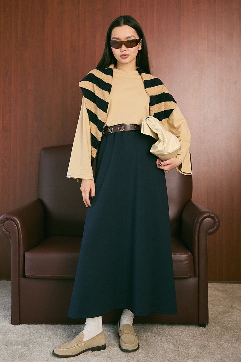 Bej Body & İndigo Scuba Etek Takım