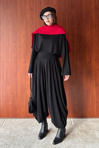 Siyah Oysho Kumaş Pileli Şalvar Takım