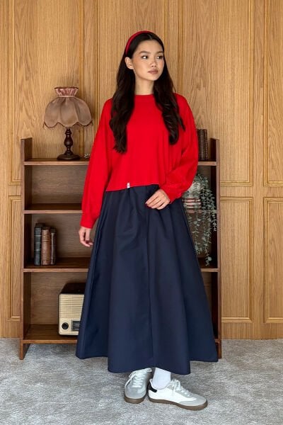 Kırmızı Crop & Lacivert Keten Tek Düğmeli Etek Takım