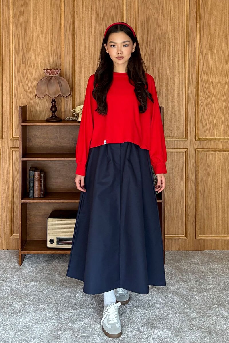 Kırmızı Crop & Lacivert Keten Tek Düğmeli Etek Takım