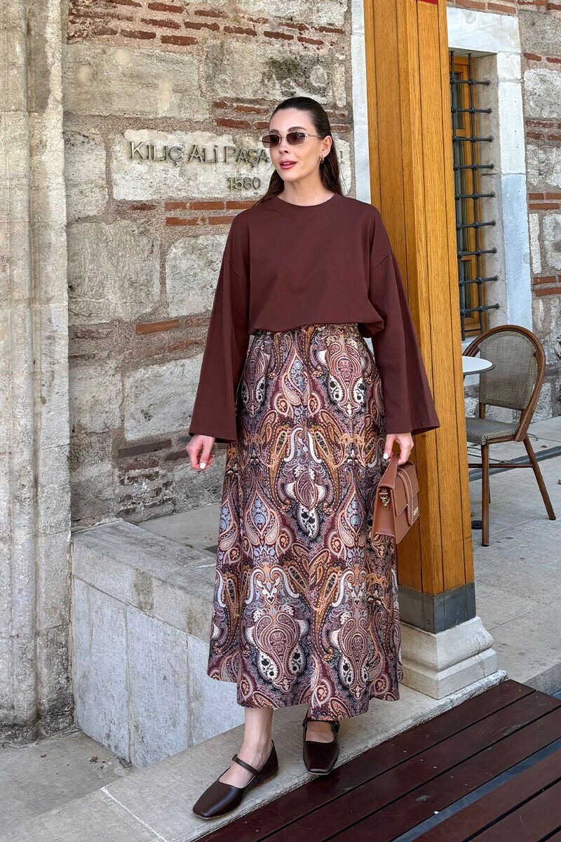 Camel Etnik Desen Pamuk Saten Kloş Etek