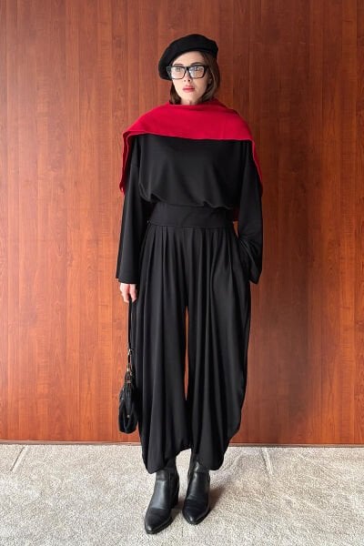 Siyah Oysho Kumaş Pileli Şalvar Takım