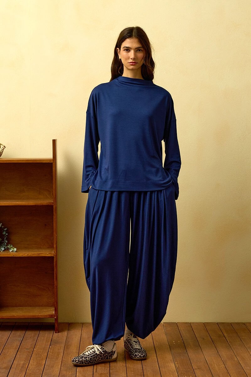 Lacivert Chanel Kumaş Şalvar Pantolon Takım