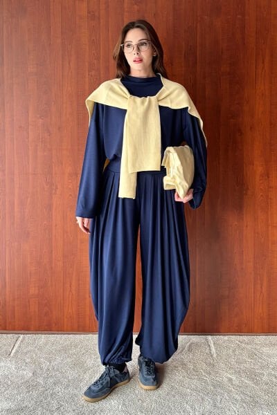 Lacivert Oysho Kumaş Pileli Şalvar Takım