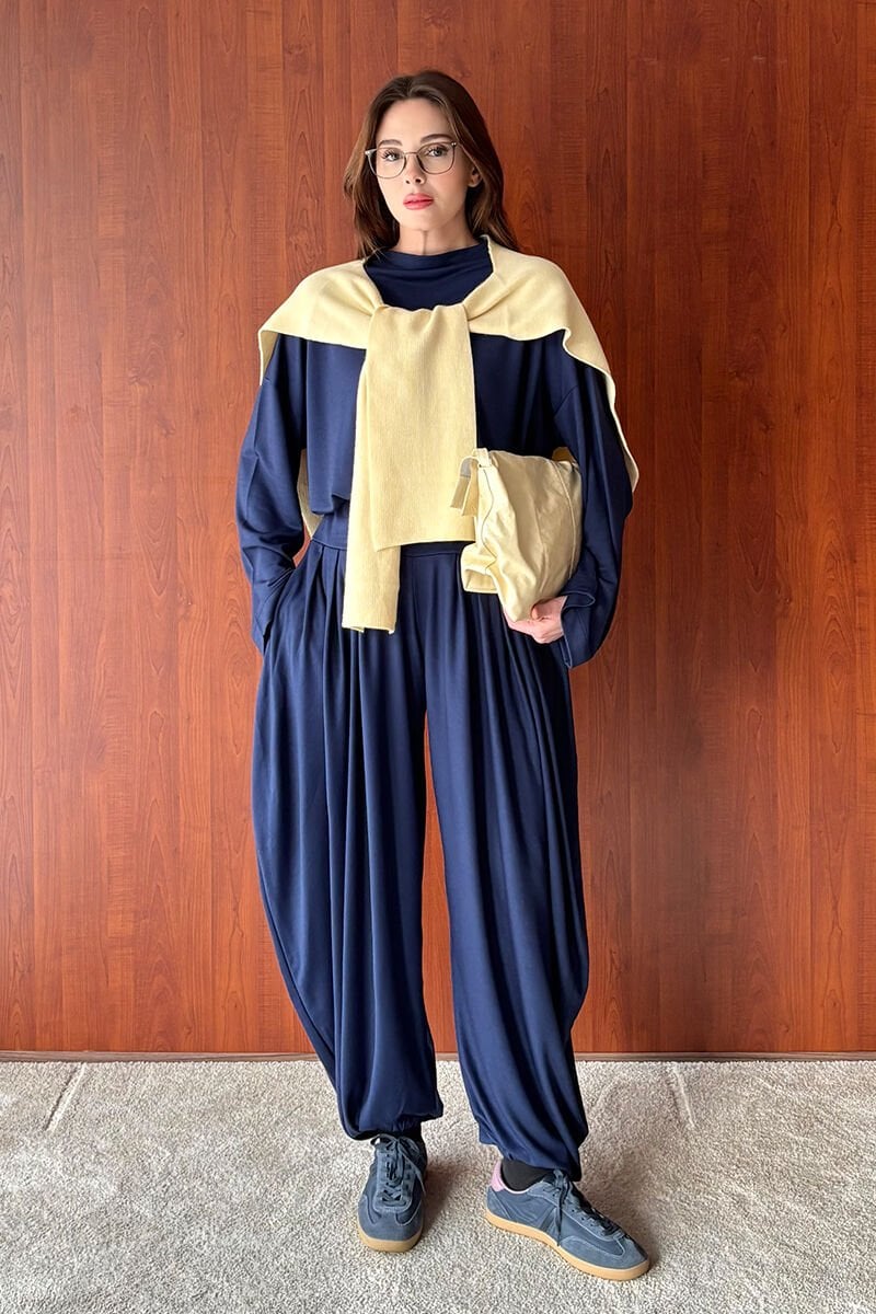 Lacivert Chanel Kumaş Şalvar Pantolon Takım