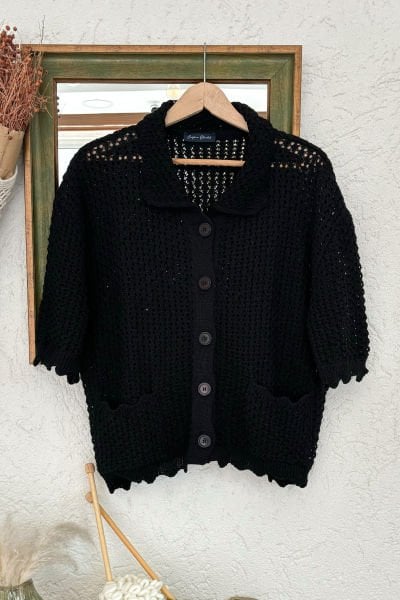 Siyah Kısa Kollu Triko Hırka