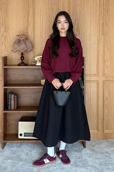 Bordo Crop & Siyah Keten Tek Düğmeli Etek Takım