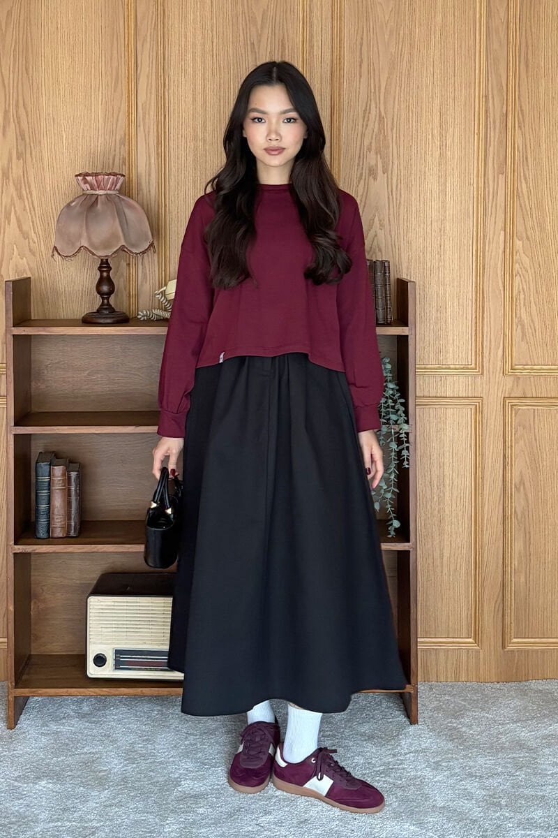 Bordo Crop & Siyah Keten Tek Düğmeli Etek Takım