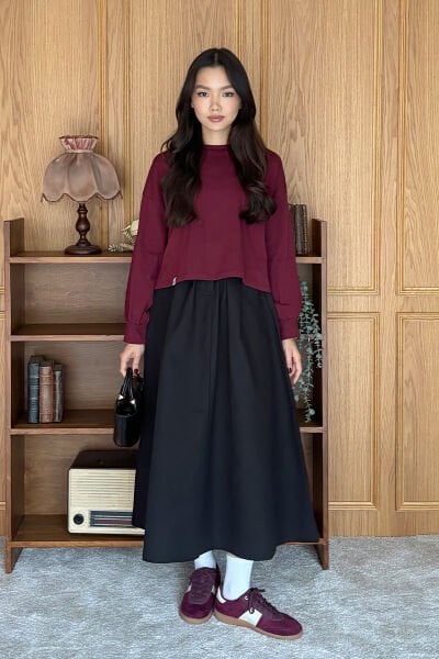 Bordo Crop & Siyah Keten Tek Düğmeli Etek Takım