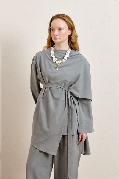 Gri Organik Keten Şal Detay Tunik