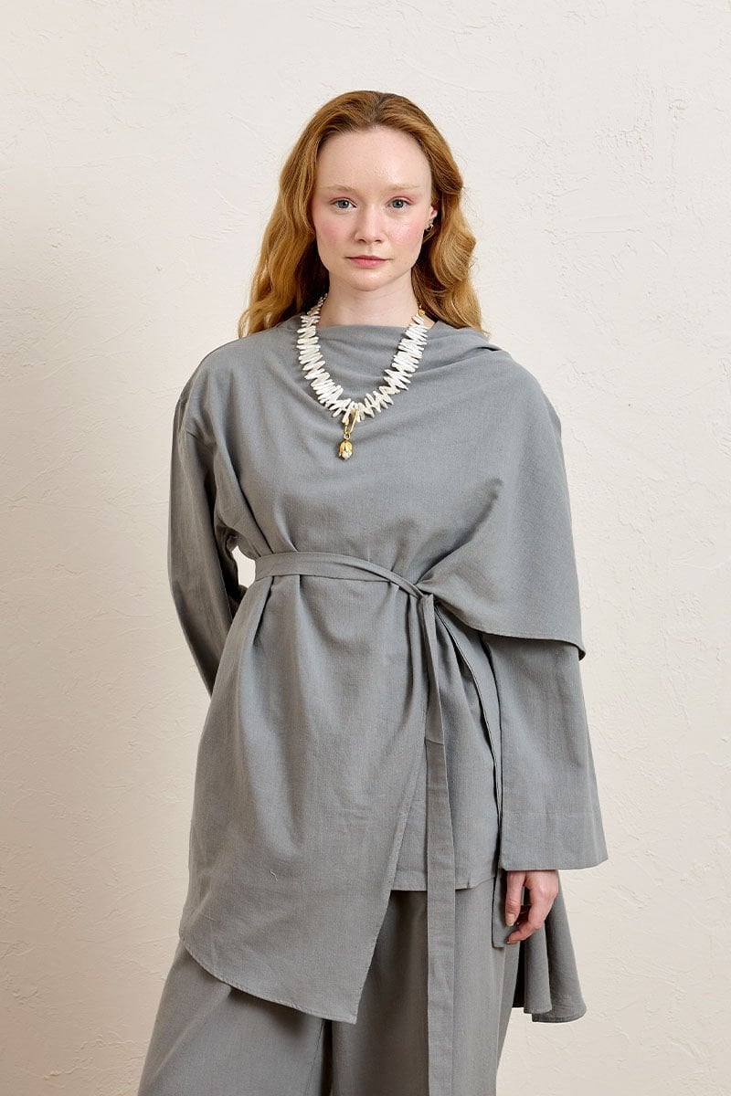 Gri Organik Keten Şal Detay Tunik