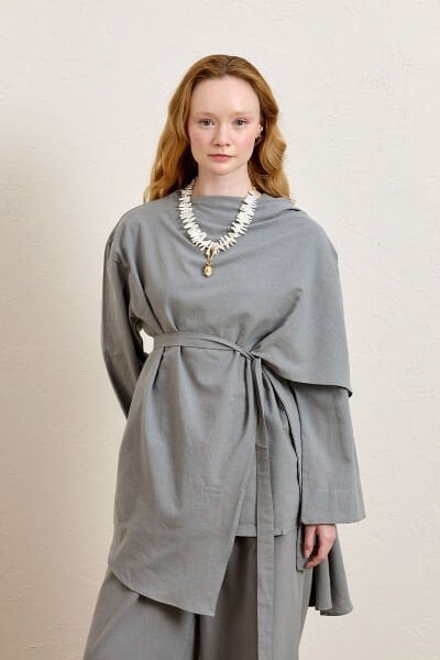 Gri Organik Keten Şal Detay Tunik