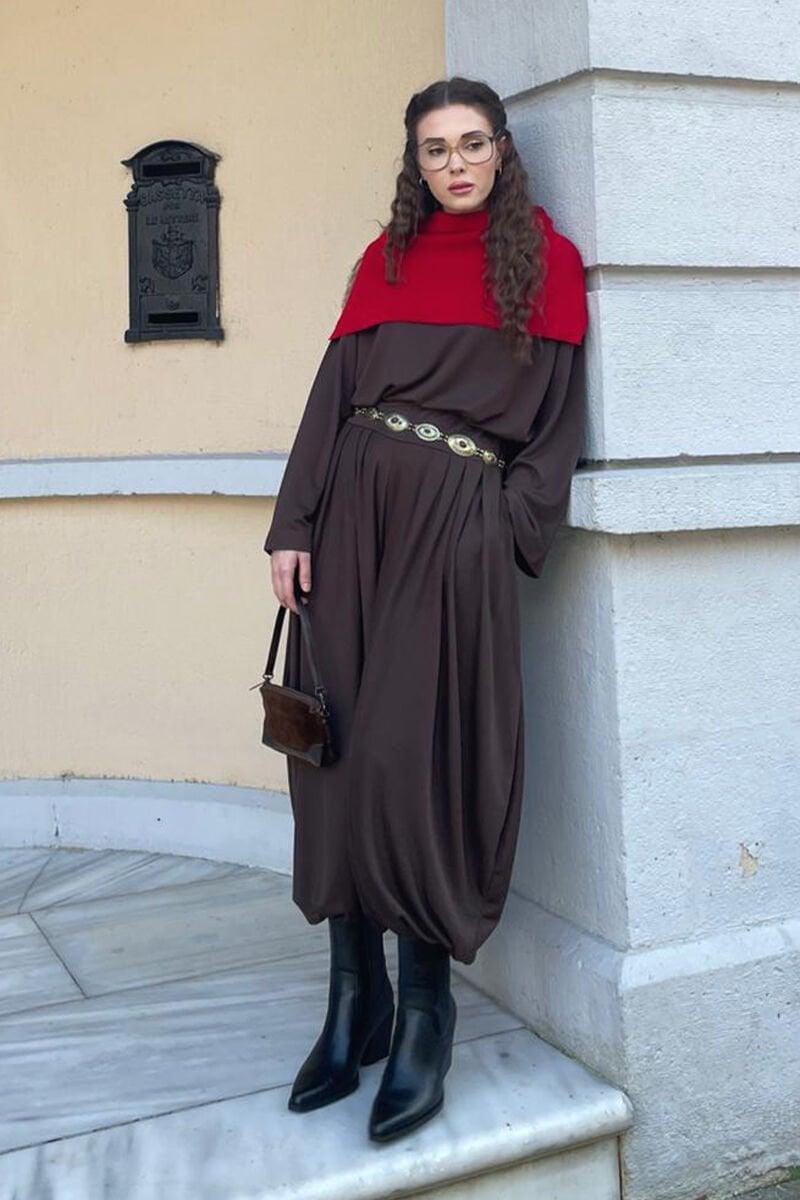 Acı Kahve Chanel Kumaş Şalvar Pantolon Takım