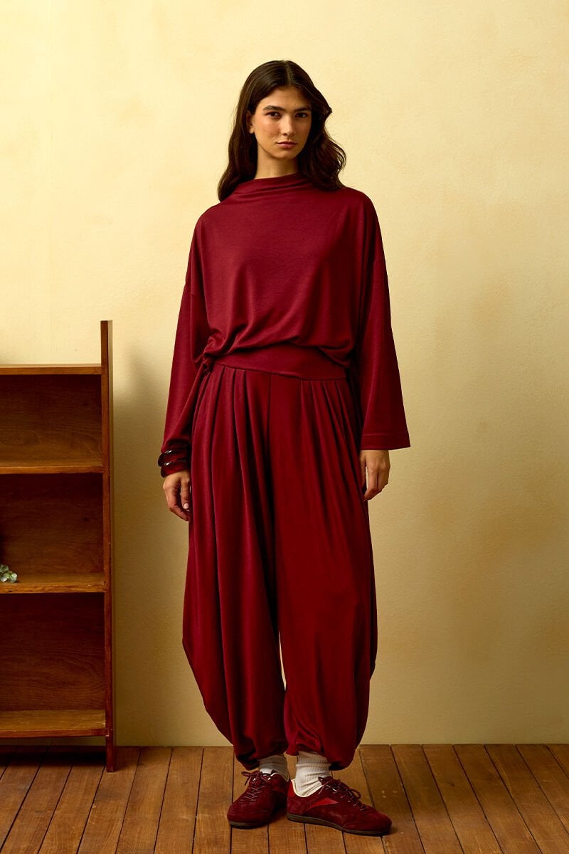 Bordo Chanel Kumaş Şalvar Pantolon Takım