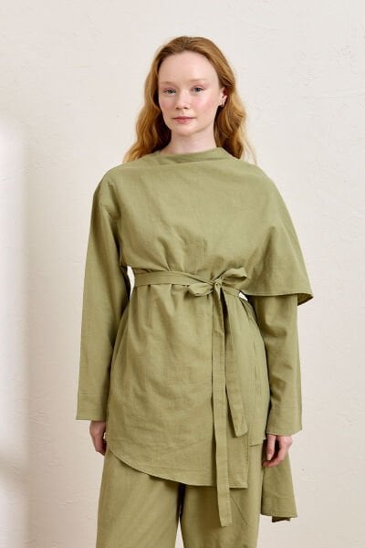 Haki Organik Keten Şal Detay Tunik