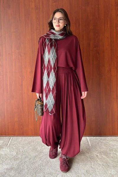 Bordo Oysho Kumaş Pileli Şalvar Takım