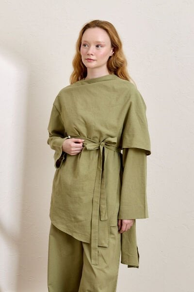 Haki Organik Keten Şal Detay Tunik