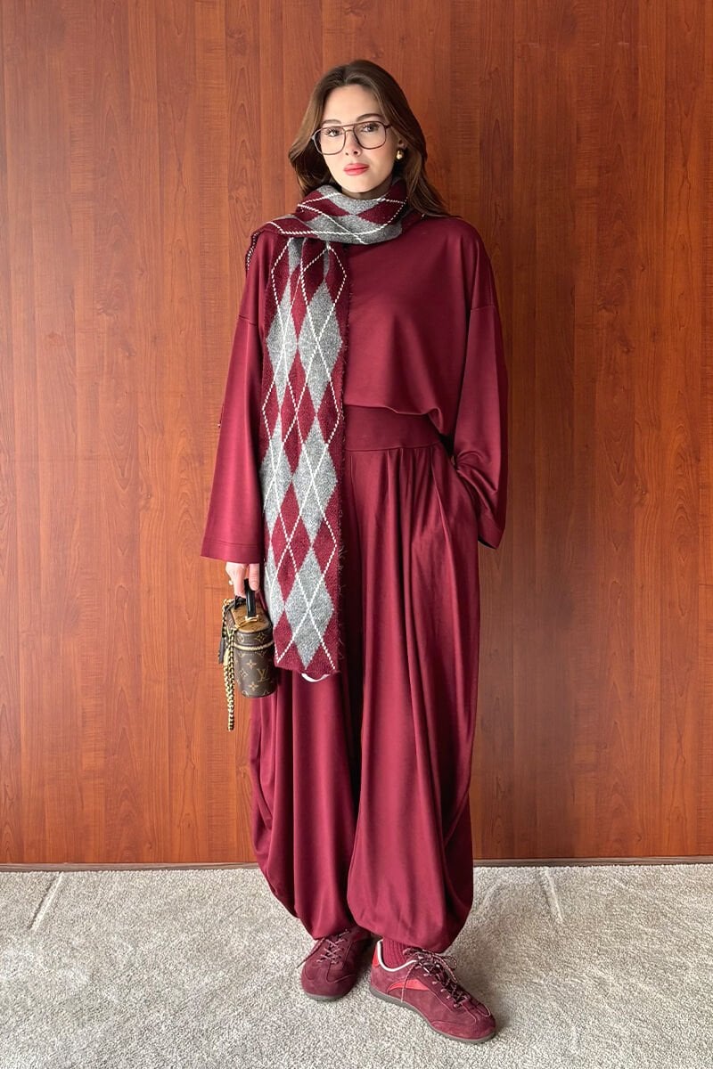 Bordo Oysho Kumaş Şalvar Pantolon Takım