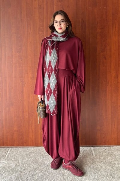 Bordo Oysho Kumaş Pileli Şalvar Takım