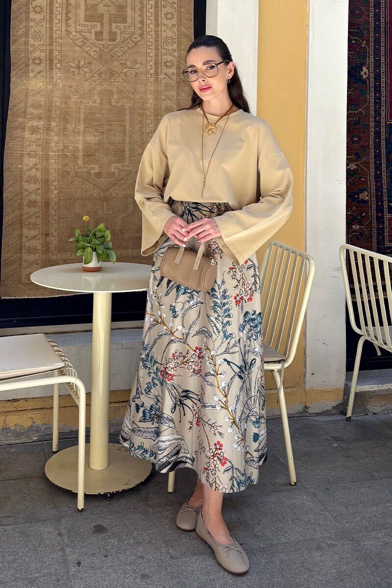 Vizon Desenli Pamuk Saten Kloş Etek