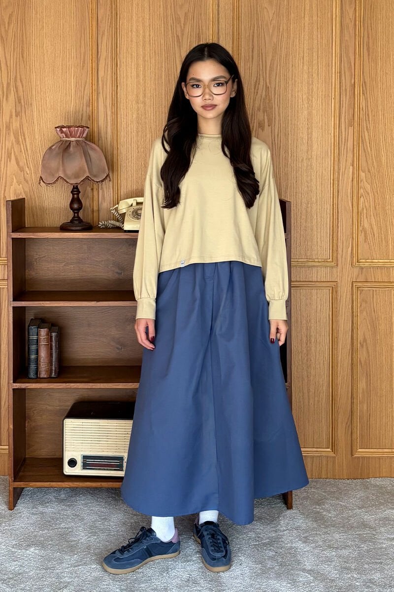 Bej Crop & İndigo Keten Tek Düğmeli Etek Takım