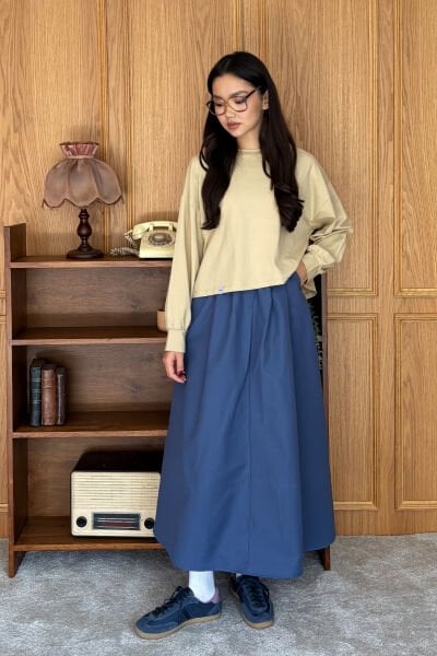 Bej Crop & İndigo Keten Tek Düğmeli Etek Takım