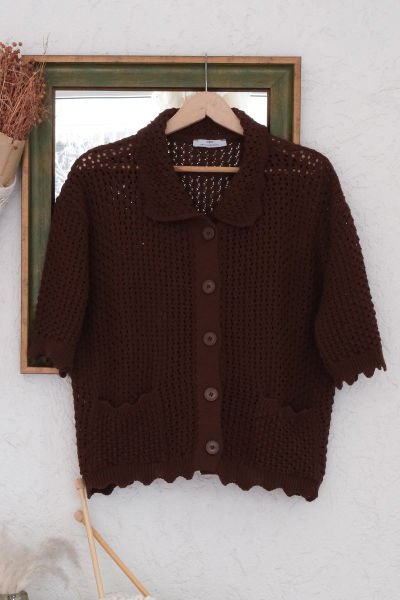 Kahverengi Kısa Kollu Triko Hırka