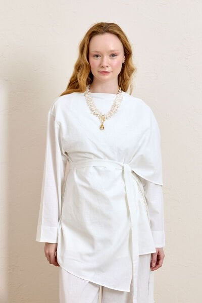 Beyaz Organik Keten Şal Detay Tunik