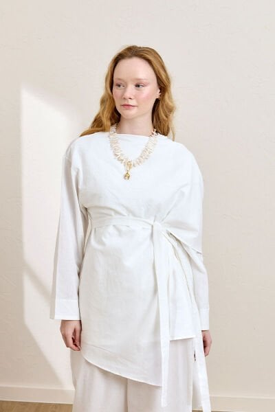 Beyaz Organik Keten Şal Detay Tunik
