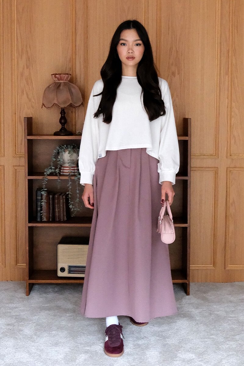 Ekru Crop & Soft Lila Keten Tek Düğmeli Etek Takım