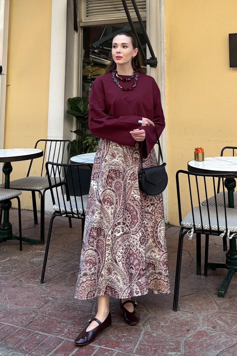 Gül Kurusu Etnik Desen Pamuk Saten Kloş Etek