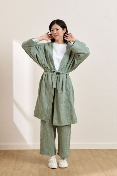 Çağla Fistolu Müslin Uzun Kimono & Pantolon Takım