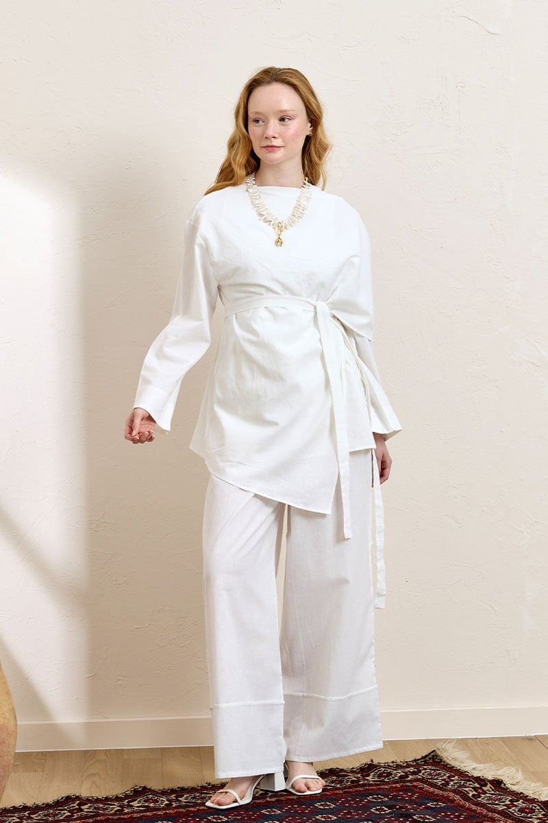 Beyaz Organik Keten Double Paça Pantolon