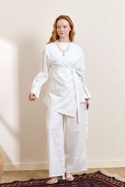 Beyaz Organik Keten Double Paça Pantolon