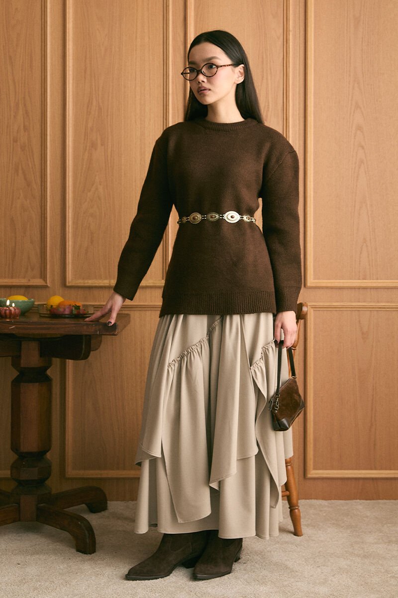 Acı Kahve Triko Kazak & Vizon Poliviskon Bohem Kat Etek Takım